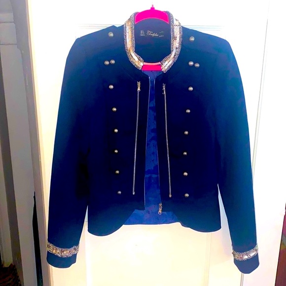🌹Zara Trafaluc EUC Beautifully Embellished Military Style Navy Blue/Silver Sz L - Picture 9 of 14
